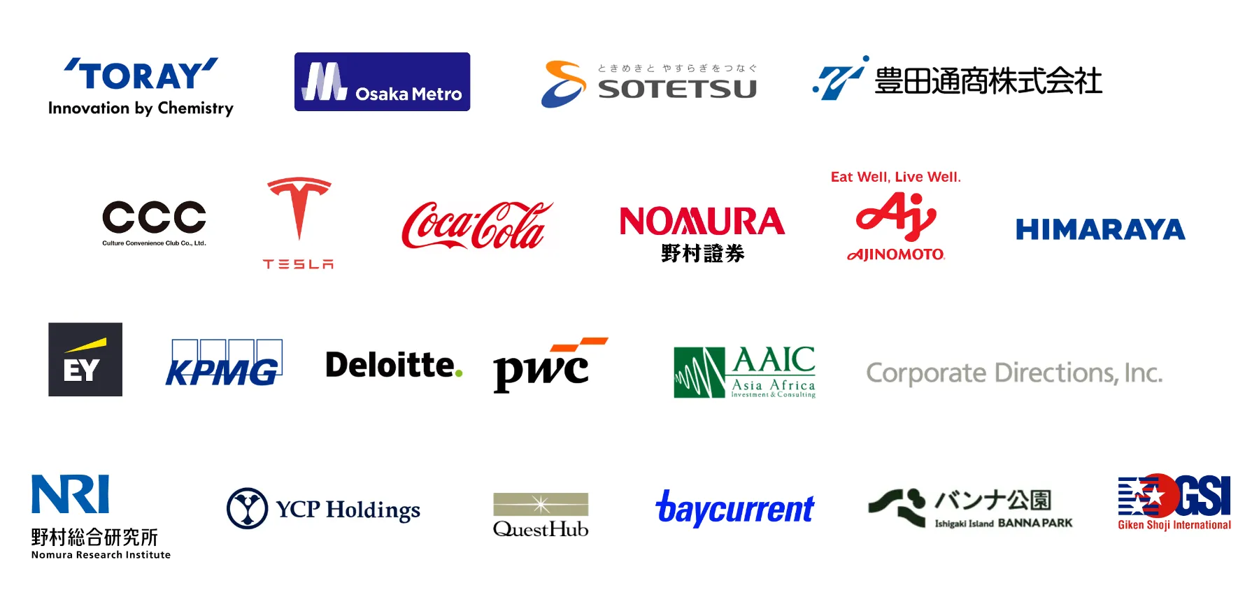 導入企業のロゴ一覧 (東レ、Osaka Metro、相鉄、豊田通商、CCC、テスラ、日本コカ·コーラ、野村證券、味の素、ヒマラヤ、EY、KPMG、デロイト、PwC、AAIC、コーポレイト ディレクション、野村総合研究所、YCP Holdings、QuestHub、ベイカレント・コンサルティング、バンナ公園、技研商事インターナショナル)